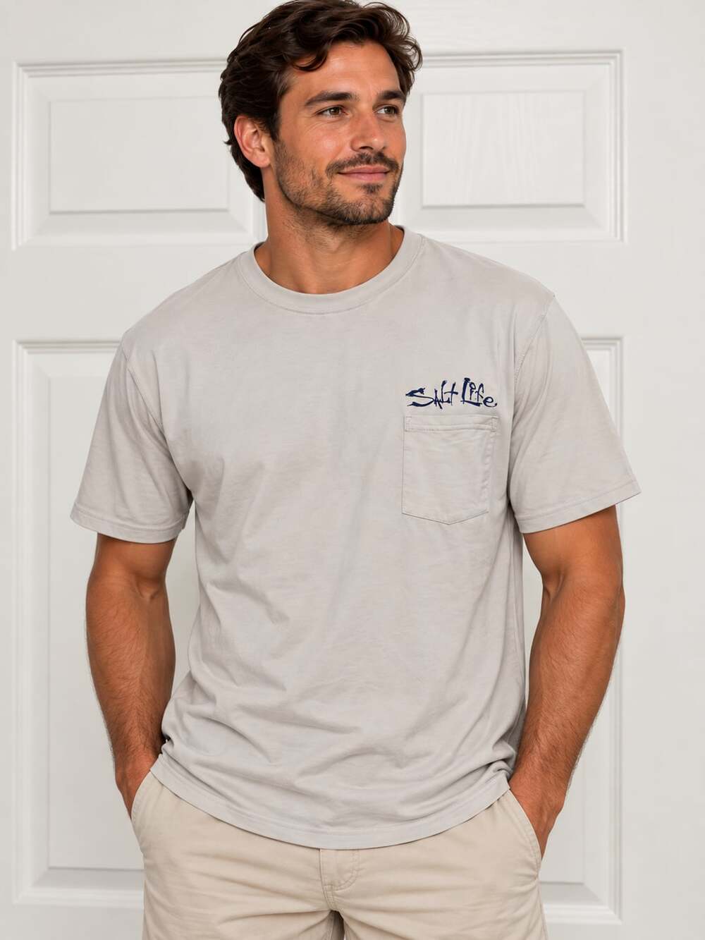 Salt Life Men's beige Short Sleeve Pocket T-Shirt With Marlin Back Graphic